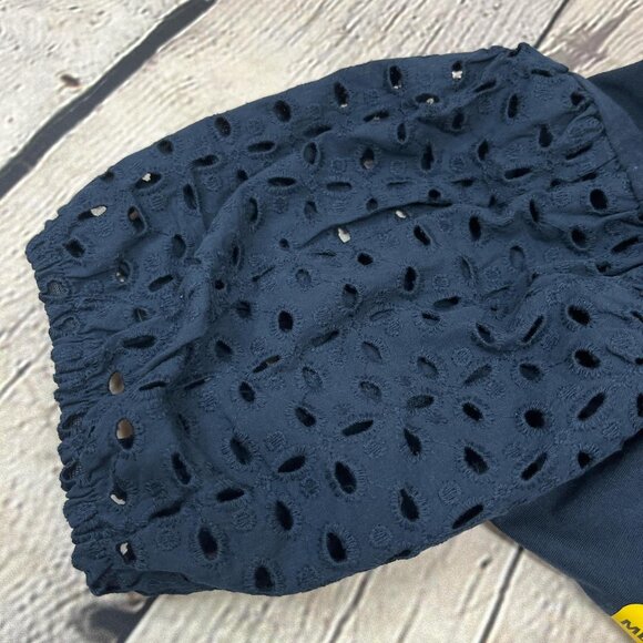 NWT Express Navy Knit Top – Eyelet Puff Sleeves – Size M – Preppy Lace Detail - Picture 3 of 5